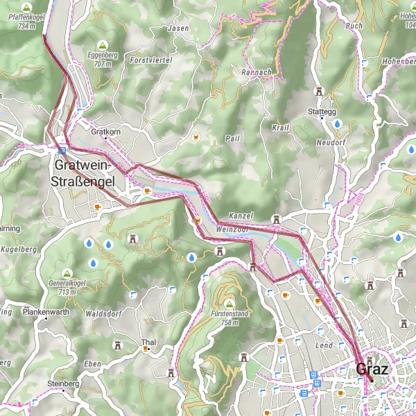 Miniatura della mappa di ispirazione al ciclismo "Breve Giro in Gravel tra le Colline di Jakomini" nella regione di Steiermark, Austria. Generata da Tarmacs.app, pianificatore di rotte ciclistiche