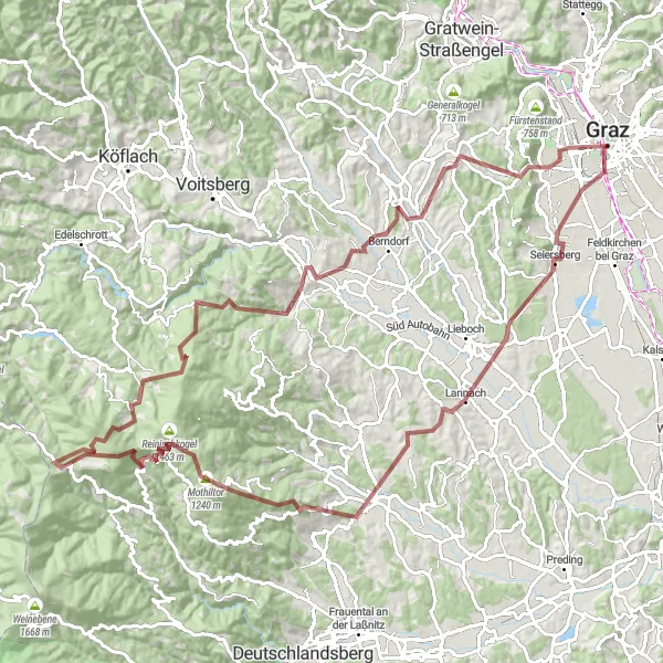 Mapa miniatúra "Gravel okruh cez Stainz a Hitzendorf" cyklistická inšpirácia v Steiermark, Austria. Vygenerované cyklistickým plánovačom trás Tarmacs.app