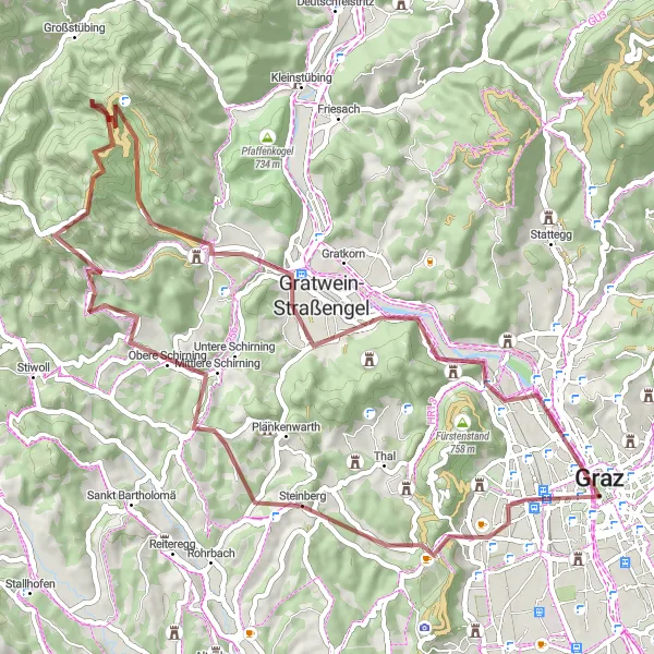 Map miniature of "Jakomini Gravel Loop" cycling inspiration in Steiermark, Austria. Generated by Tarmacs.app cycling route planner