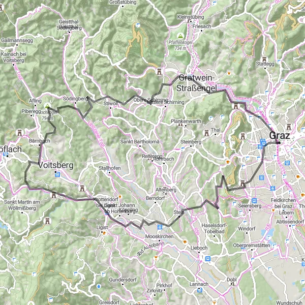 Map miniature of "Clock Tower Loop" cycling inspiration in Steiermark, Austria. Generated by Tarmacs.app cycling route planner