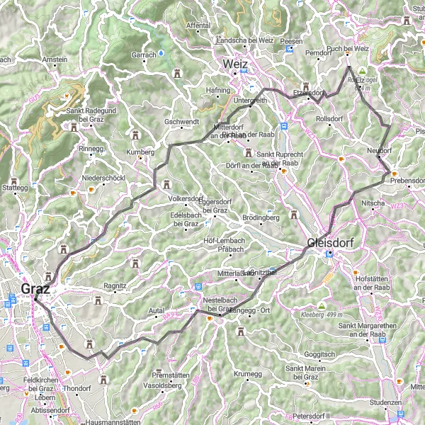Miniatua del mapa de inspiración ciclista "Explora Puch bei Weiz y Gleisdorf en bicicleta" en Steiermark, Austria. Generado por Tarmacs.app planificador de rutas ciclistas
