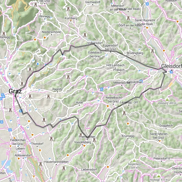 Miniaturekort af cykelinspirationen "Panoramisk landevejscykeltur til Graz" i Steiermark, Austria. Genereret af Tarmacs.app cykelruteplanlægger