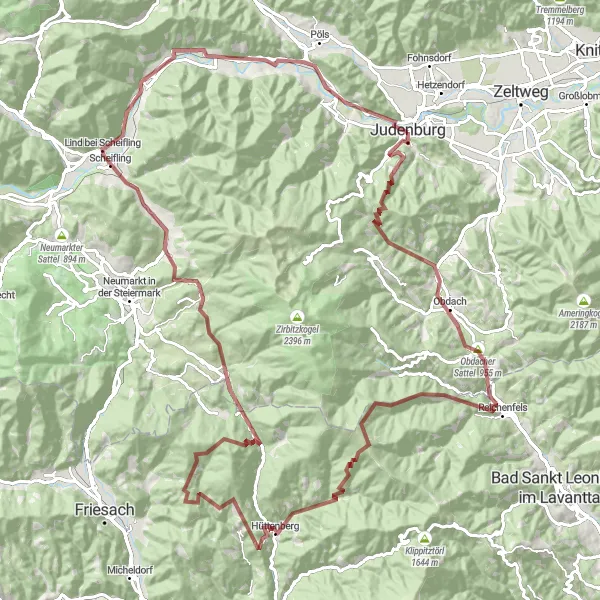 Map miniature of "Obdacher Sattel Gravel Adventure" cycling inspiration in Steiermark, Austria. Generated by Tarmacs.app cycling route planner