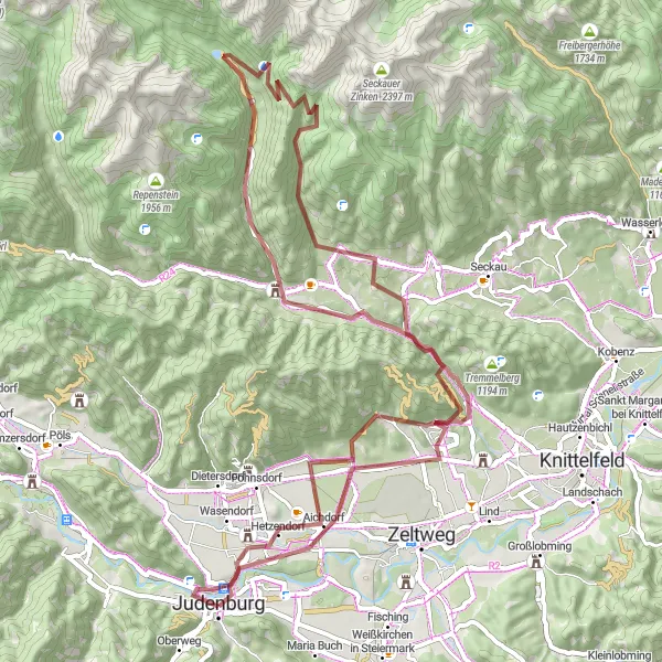 Kartminiatyr av "Sykkeltur til Schlossberg og tilbake" sykkelinspirasjon i Steiermark, Austria. Generert av Tarmacs.app sykkelrutoplanlegger