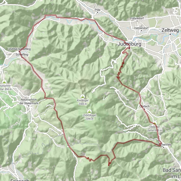 Karttaminiaatyyri "Seikkailullinen gravel-kierros Molterriegelin ympäristössä" pyöräilyinspiraatiosta alueella Steiermark, Austria. Luotu Tarmacs.app pyöräilyreittisuunnittelijalla