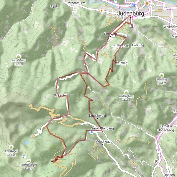 Zemljevid v pomanjšavi "Pustolovščina po peščenih poteh s čudovitimi razgledi" kolesarske inspiracije v Steiermark, Austria. Generirano z načrtovalcem kolesarskih poti Tarmacs.app
