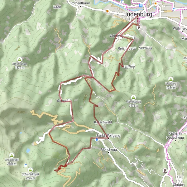 Miniatua del mapa de inspiración ciclista "Ruta de ciclismo de grava desde Judenburg" en Steiermark, Austria. Generado por Tarmacs.app planificador de rutas ciclistas