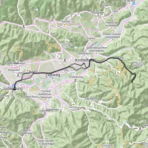 Miniatua del mapa de inspiración ciclista "Ruta de ciclismo por carretera desde Judenburg" en Steiermark, Austria. Generado por Tarmacs.app planificador de rutas ciclistas