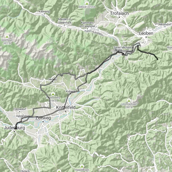 Miniatura della mappa di ispirazione al ciclismo "Ciclismo su Strada da Judenburg a Schloss Gabelhofen" nella regione di Steiermark, Austria. Generata da Tarmacs.app, pianificatore di rotte ciclistiche