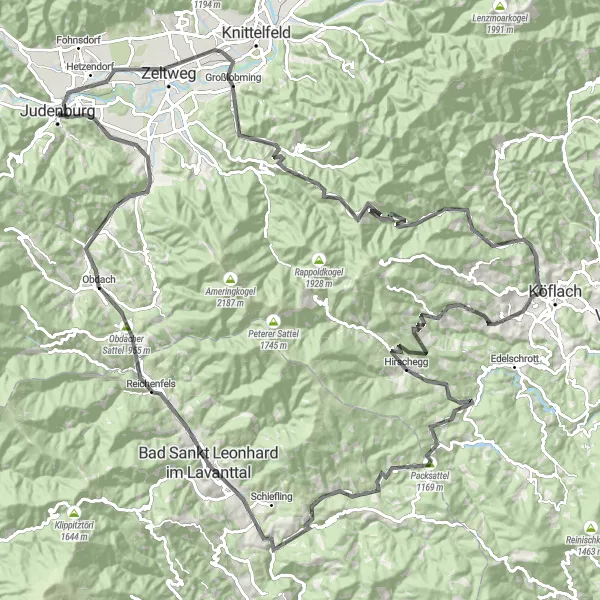 Zemljevid v pomanjšavi "Epsko kolesarjenje po istrski stezi od Judenburga" kolesarske inspiracije v Steiermark, Austria. Generirano z načrtovalcem kolesarskih poti Tarmacs.app