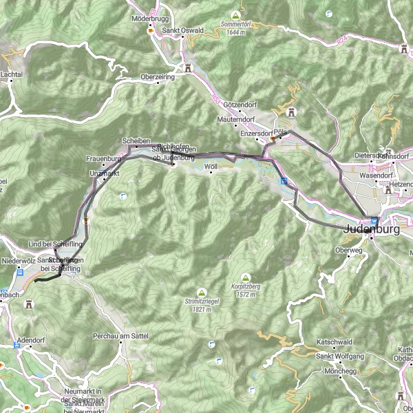 Map miniature of "Judenburg - Sankt Peter ob Judenburg Round Trip" cycling inspiration in Steiermark, Austria. Generated by Tarmacs.app cycling route planner