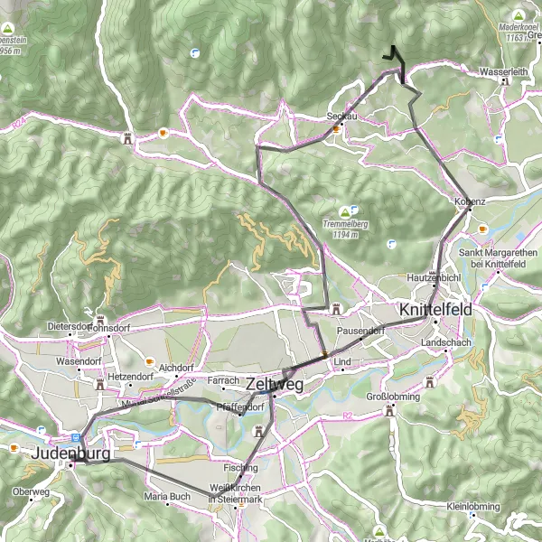 Miniatua del mapa de inspiración ciclista "Ruta en Carretera hacia Liechtensteinberg" en Steiermark, Austria. Generado por Tarmacs.app planificador de rutas ciclistas
