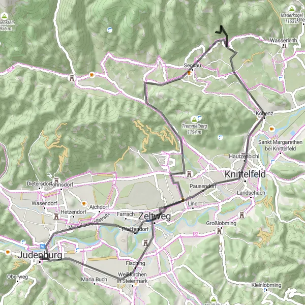 Karttaminiaatyyri "Kulttuurimatka Judenburgista Liechtensteinbergiin" pyöräilyinspiraatiosta alueella Steiermark, Austria. Luotu Tarmacs.app pyöräilyreittisuunnittelijalla