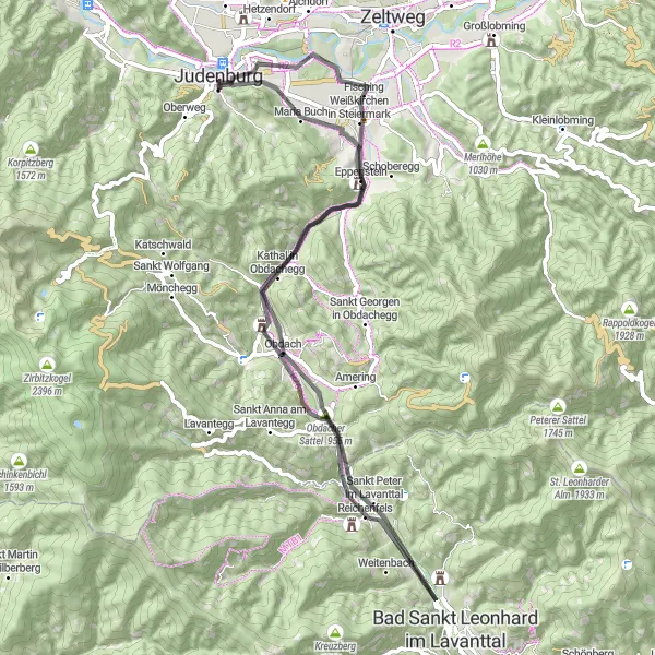 Miniature de la carte de l'inspiration cycliste "Tour des Châteaux et des Ruines" dans la Steiermark, Austria. Générée par le planificateur d'itinéraire cycliste Tarmacs.app