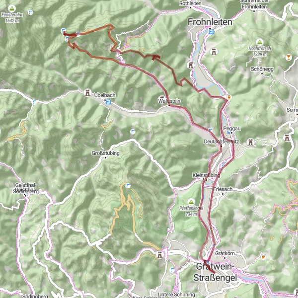 Mapa miniatúra "Gravelový okruh cez Gsollerkogel a Schloss Thinnfeld" cyklistická inšpirácia v Steiermark, Austria. Vygenerované cyklistickým plánovačom trás Tarmacs.app