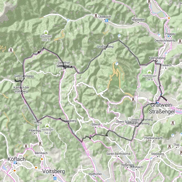 Map miniature of "Gratwein Circuit with Mountain Climb" cycling inspiration in Steiermark, Austria. Generated by Tarmacs.app cycling route planner