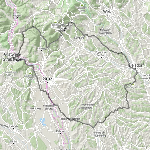 Miniature de la carte de l'inspiration cycliste "Les collines de Graz" dans la Steiermark, Austria. Générée par le planificateur d'itinéraire cycliste Tarmacs.app