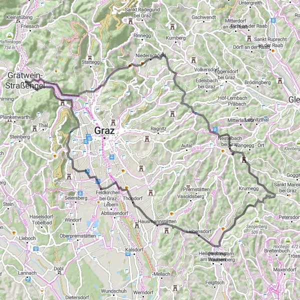 Kartminiatyr av "Utforsk variert terreng på vei til Hausmannstätten" sykkelinspirasjon i Steiermark, Austria. Generert av Tarmacs.app sykkelrutoplanlegger