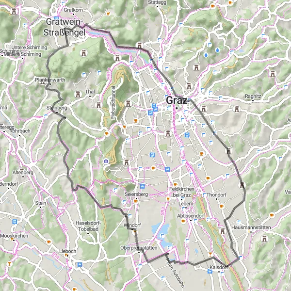 Karttaminiaatyyri "Judendorf-Stadtparkbrunnen-Raaba-Raaberkogel-Seilrutsche Ende-Pirka-Plankenwarth-Jägerberg-Judendorf" pyöräilyinspiraatiosta alueella Steiermark, Austria. Luotu Tarmacs.app pyöräilyreittisuunnittelijalla