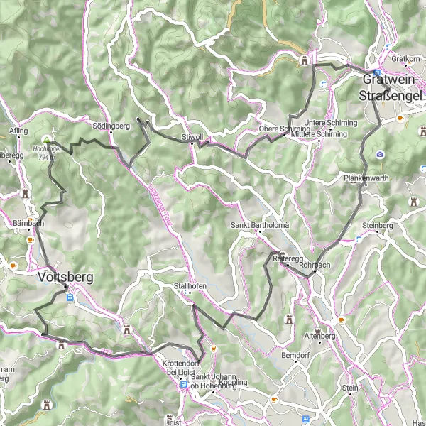 Miniatua del mapa de inspiración ciclista "Ruta desafiante por Gratwein-Straßengel-Bärnbach-Fuchskogel-Stiwoll-Gratwein" en Steiermark, Austria. Generado por Tarmacs.app planificador de rutas ciclistas