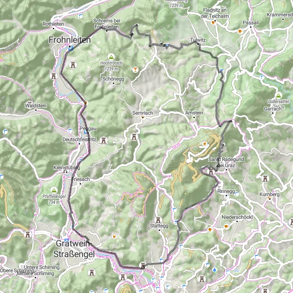 Miniatura della mappa di ispirazione al ciclismo "Giro in bici di 70 km da Judendorf" nella regione di Steiermark, Austria. Generata da Tarmacs.app, pianificatore di rotte ciclistiche