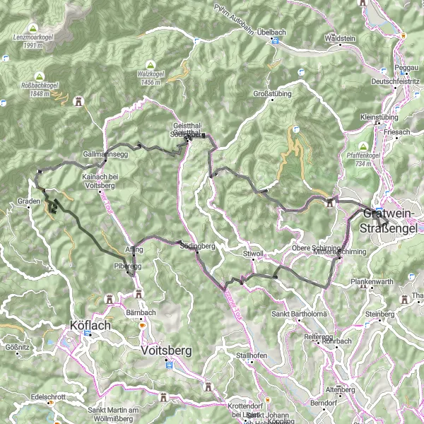 Miniatura della mappa di ispirazione al ciclismo "Tour in bicicletta tra Gratwein-Straßengel e Gratwein" nella regione di Steiermark, Austria. Generata da Tarmacs.app, pianificatore di rotte ciclistiche