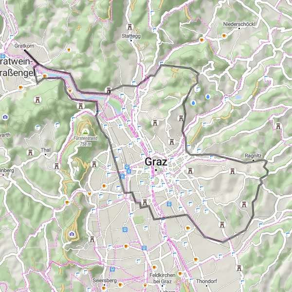 Miniatua del mapa de inspiración ciclista "Ruta escénica por Sankt Veiter Schlössl-Jungfernsprung-Gratkorn" en Steiermark, Austria. Generado por Tarmacs.app planificador de rutas ciclistas