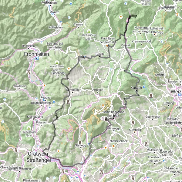 Miniatuurkaart van de fietsinspiratie "Historische Ontdekkingen en Natuurlijke Pracht" in Steiermark, Austria. Gemaakt door de Tarmacs.app fietsrouteplanner