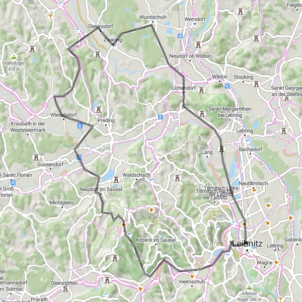 Karten-Miniaturansicht der Radinspiration "Weinland Leibnitz und Stainztal Tour" in Steiermark, Austria. Erstellt vom Tarmacs.app-Routenplaner für Radtouren