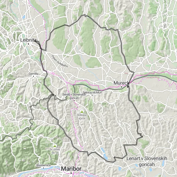 Miniature de la carte de l'inspiration cycliste "Boucle de 95 km en vélo de route à proximité de Kaindorf an der Sulm" dans la Steiermark, Austria. Générée par le planificateur d'itinéraire cycliste Tarmacs.app
