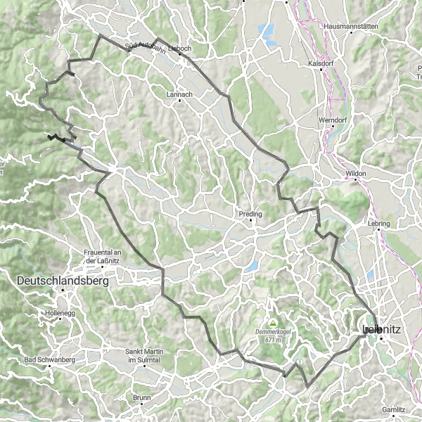 Miniaturní mapa "Adrenalínový cyklistický okruh poblíž Kaindorfu an der Sulm" inspirace pro cyklisty v oblasti Steiermark, Austria. Vytvořeno pomocí plánovače tras Tarmacs.app