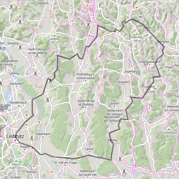 Miniatura della mappa di ispirazione al ciclismo "Leibnitz Gravel Cycling Tour" nella regione di Steiermark, Austria. Generata da Tarmacs.app, pianificatore di rotte ciclistiche