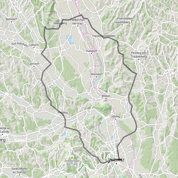 Zemljevid v pomanjšavi "Kolesarska pot do Kaindorfa an der Sulm" kolesarske inspiracije v Steiermark, Austria. Generirano z načrtovalcem kolesarskih poti Tarmacs.app