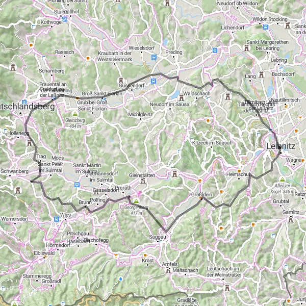 Miniatua del mapa de inspiración ciclista "Ruta Escénica Frauental-Spiegelkogel" en Steiermark, Austria. Generado por Tarmacs.app planificador de rutas ciclistas