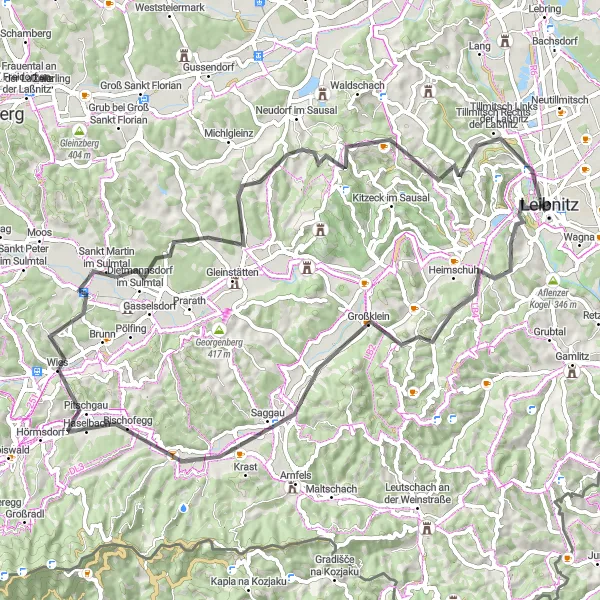 Kartminiatyr av "Leibnitz til Tillmitsch Road Cycling Tur" sykkelinspirasjon i Steiermark, Austria. Generert av Tarmacs.app sykkelrutoplanlegger