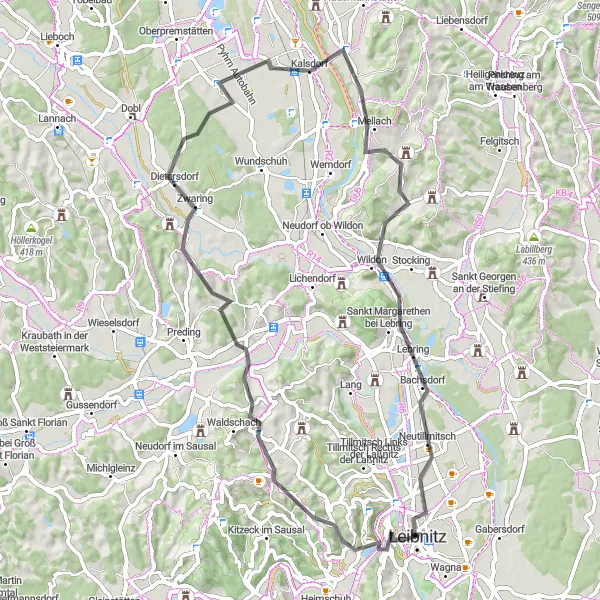 Miniature de la carte de l'inspiration cycliste "Excursion à vélo de 65 km près de Kaindorf an der Sulm" dans la Steiermark, Austria. Générée par le planificateur d'itinéraire cycliste Tarmacs.app