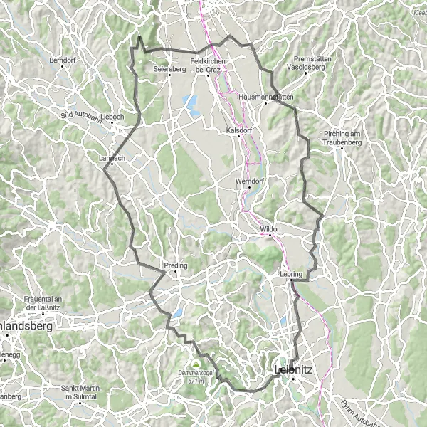 Miniaturní mapa "Okruh Kaindorf - Leibnitz - Klapotetz - Sankt Josef (Weststeiermark)" inspirace pro cyklisty v oblasti Steiermark, Austria. Vytvořeno pomocí plánovače tras Tarmacs.app