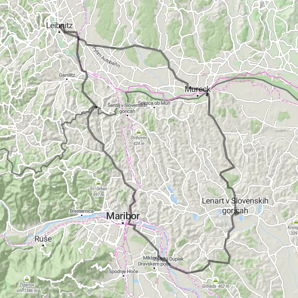 Miniatura della mappa di ispirazione al ciclismo "La Rotta del Vino della Stiria" nella regione di Steiermark, Austria. Generata da Tarmacs.app, pianificatore di rotte ciclistiche