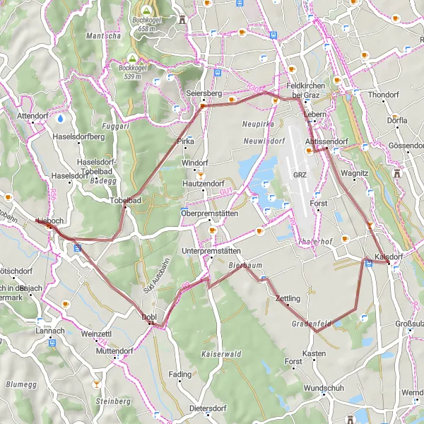 Zemljevid v pomanjšavi "Gozdnati izziv sredi pokrajine" kolesarske inspiracije v Steiermark, Austria. Generirano z načrtovalcem kolesarskih poti Tarmacs.app