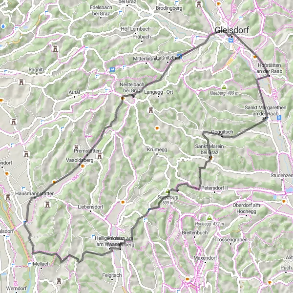 Mapa miniatúra "Road Cycling Vasoldsberg - Buchkogel Loop" cyklistická inšpirácia v Steiermark, Austria. Vygenerované cyklistickým plánovačom trás Tarmacs.app