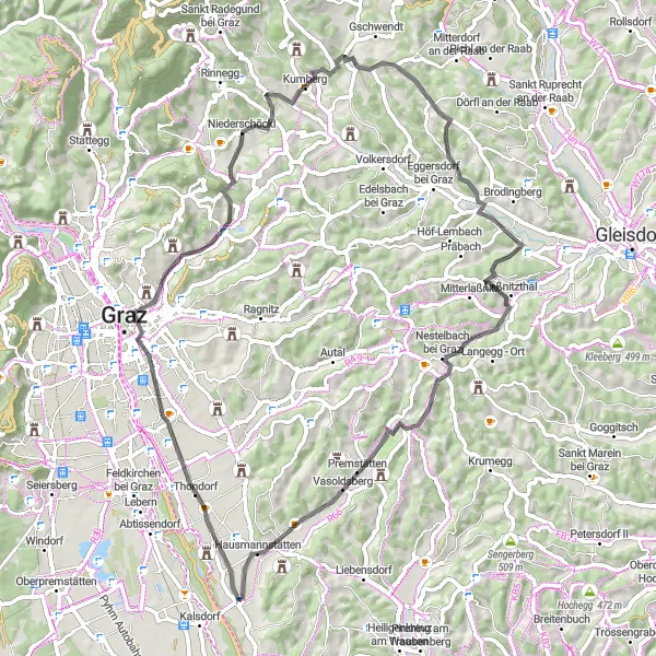 Miniatua del mapa de inspiración ciclista "Ruta de Ciclismo por Gössendorf, Hauenstein y más" en Steiermark, Austria. Generado por Tarmacs.app planificador de rutas ciclistas