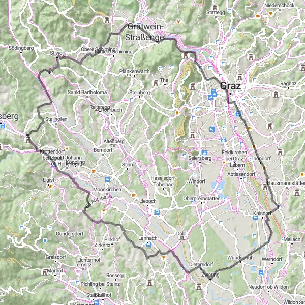 Miniatuurkaart van de fietsinspiratie "Wundschuh-Stögersdorf-Ruppbauernhöhe-Stiwoll-Gratwein-Straßengel-Jungfernsprung-Jakomini-Gössendorf Route" in Steiermark, Austria. Gemaakt door de Tarmacs.app fietsrouteplanner