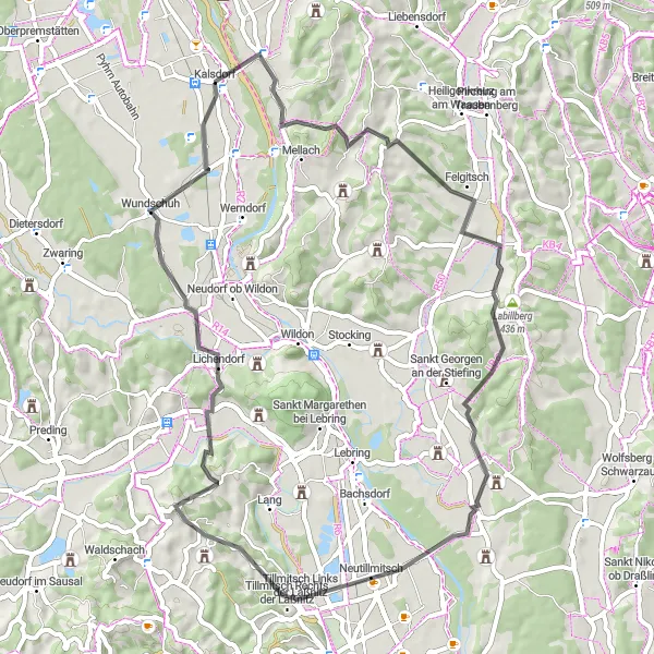 Karttaminiaatyyri "Kalsdorf bei Graz - Buchkogel Loop" pyöräilyinspiraatiosta alueella Steiermark, Austria. Luotu Tarmacs.app pyöräilyreittisuunnittelijalla