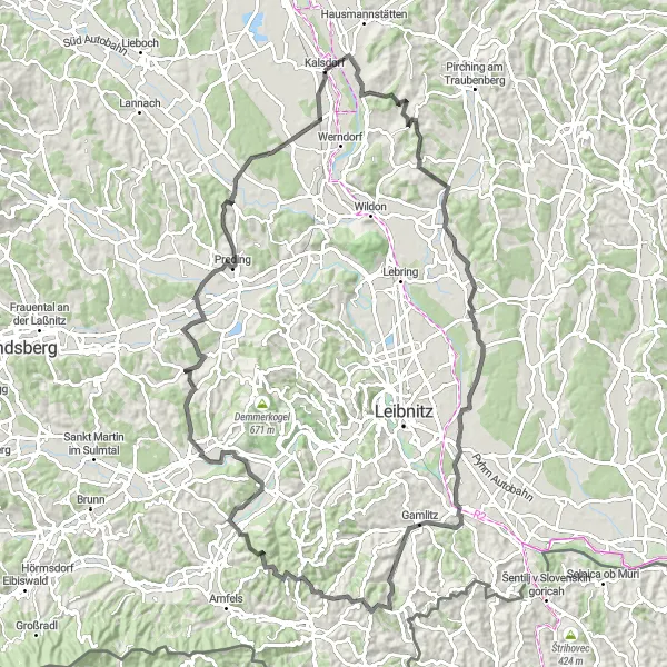 Miniatua del mapa de inspiración ciclista "Ruta de ciclismo por carretera de Kalsdorf bei Graz" en Steiermark, Austria. Generado por Tarmacs.app planificador de rutas ciclistas