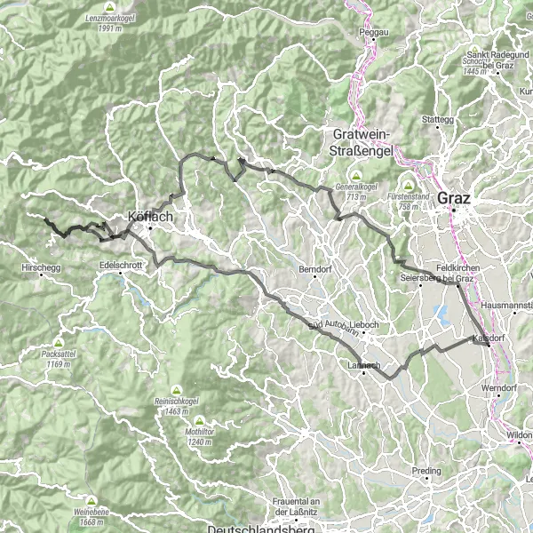 Miniatura della mappa di ispirazione al ciclismo "Ciclismo con panorami mozzafiato vicino Kalsdorf" nella regione di Steiermark, Austria. Generata da Tarmacs.app, pianificatore di rotte ciclistiche