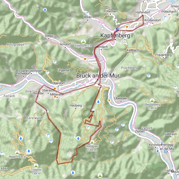 Mapa miniatúra "Exploring Bruck an der Mur Gravel Tour" cyklistická inšpirácia v Steiermark, Austria. Vygenerované cyklistickým plánovačom trás Tarmacs.app