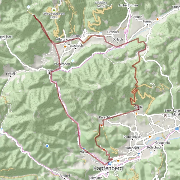 Zemljevid v pomanjšavi "Gorska avantura v bližini Kapfenberga" kolesarske inspiracije v Steiermark, Austria. Generirano z načrtovalcem kolesarskih poti Tarmacs.app