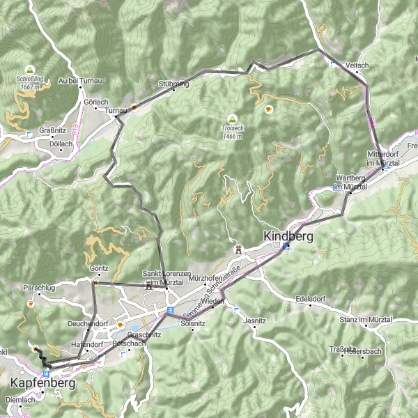 Miniaturní mapa "Road Trasa přes Kindberg" inspirace pro cyklisty v oblasti Steiermark, Austria. Vytvořeno pomocí plánovače tras Tarmacs.app