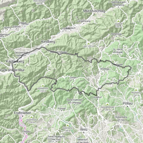 Kartminiatyr av "Kapfenberg - Wenigzell - Teichalm - Pernegg an der Mur - Aussichtsplattform - Bruck an der Mur" sykkelinspirasjon i Steiermark, Austria. Generert av Tarmacs.app sykkelrutoplanlegger