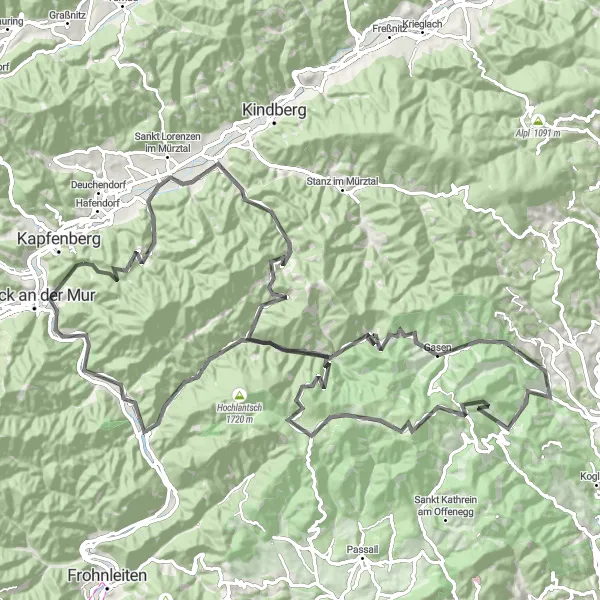 Miniature de la carte de l'inspiration cycliste "Circuit routier à travers la Styrie" dans la Steiermark, Austria. Générée par le planificateur d'itinéraire cycliste Tarmacs.app